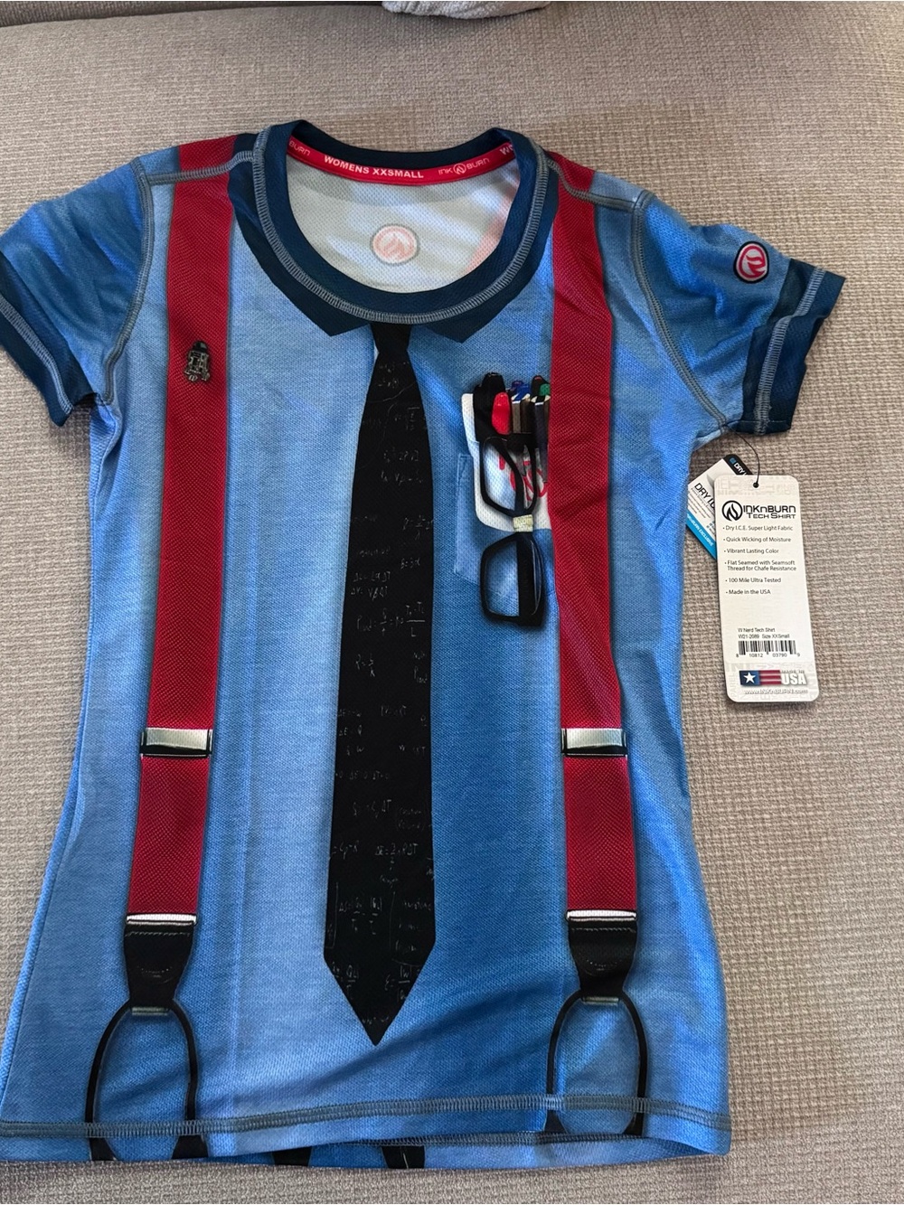 Inknburn Blue Graphic Tee with Red Suspenders and Black Tie women XXS